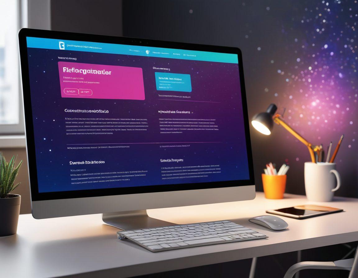 A sleek and modern online CV interface displayed on a computer screen, featuring bold, eye-catching headings and vibrant colors. The background showcases subtle silhouettes of the adult industry, symbolizing professionalism in an unconventional field. Hardware like a laptop and smartphone surround the screen, illustrating accessibility and digital approachability. Incorporate elements like glittering stars and soft light effects to add a touch of glamor. super-realistic. vibrant colors. elegant design.