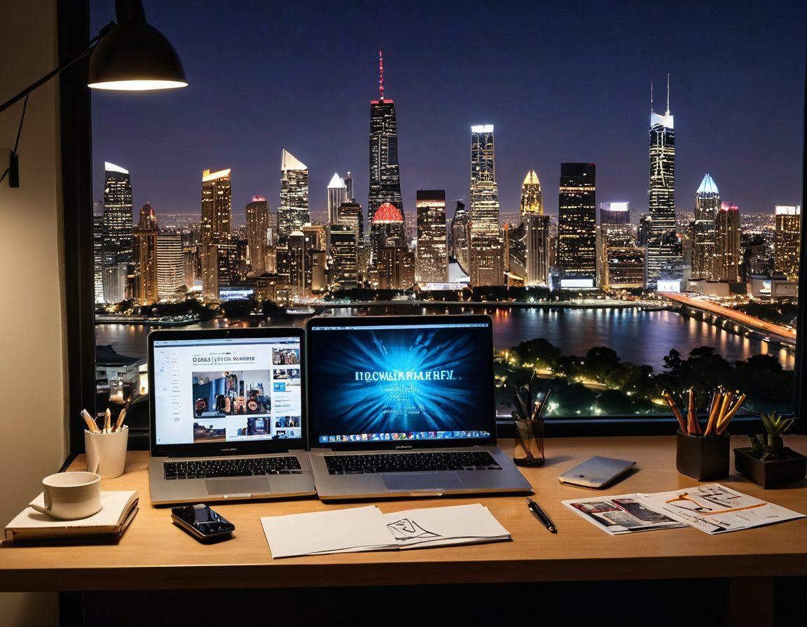 A sleek, modern workspace displaying a laptop with an open online CV on the screen, surrounded by stylish adult entertainment industry-related paraphernalia, like tasteful magazine covers and business cards. The background features an artistic city skyline at dusk, symbolizing ambition and opportunity. Include a confident individual, dressed in professional attire, reviewing their portfolio with a thoughtful expression. vibrant colors. super-realistic.