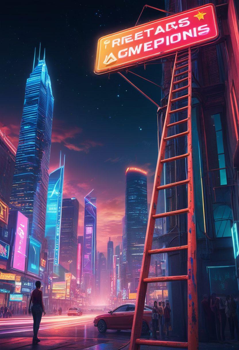 A confident adult entertainer standing at a crossroads, with signs pointing to different paths like 'Dreams', 'Challenges', and 'Growth'. The background features a city skyline at dusk, with neon lights and a vibrant atmosphere. Include elements symbolizing success, such as a trophy and a ladder reaching towards the stars. Use a mix of playful and professional design to illustrate the balance between personal aspirations and career opportunities. vibrant colors. 3D. cyberpunk.